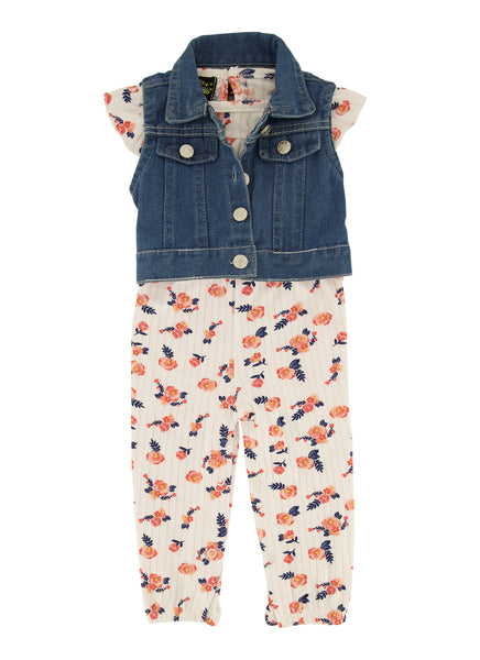 Toddler Floral Print Crew Neck Snap Closure Ribbed Cap Flutter Sleeves Jumpsuit