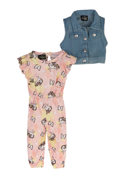 Toddler Denim Button Closure Tie Dye Print Crew Neck Cap Flutter Sleeves Jumpsuit