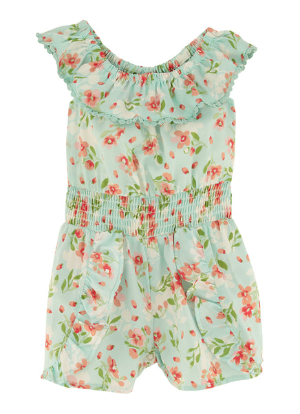 Toddler Knit Floral Print Off the Shoulder Sleeveless Elasticized Waistline Smocked Romper