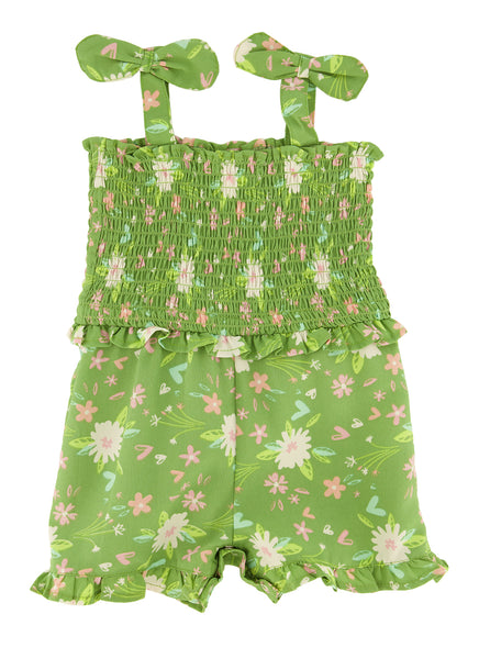 Toddler Floral Print Smocked Square Neck Sleeveless Linen Romper