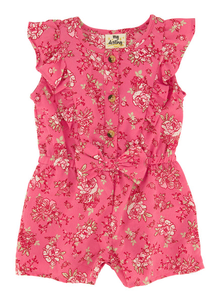 Toddler Crew Neck Floral Print Sleeveless Linen Romper With a Bow(s) and Ruffles