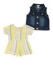 Toddler Button Closure Striped Print Short Sleeves Sleeves Crew Neck Romper With Rhinestones