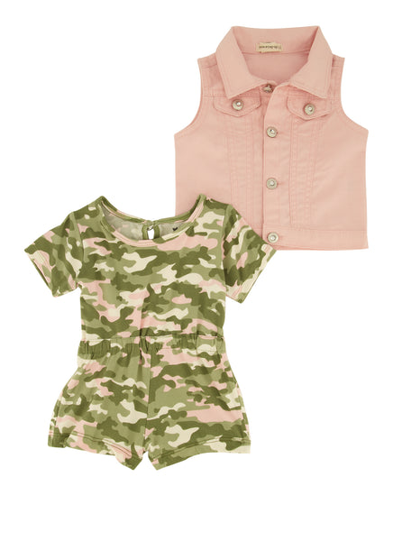 Toddler Short Sleeves Sleeves Crew Neck Twill Camouflage Print Button Closure Romper