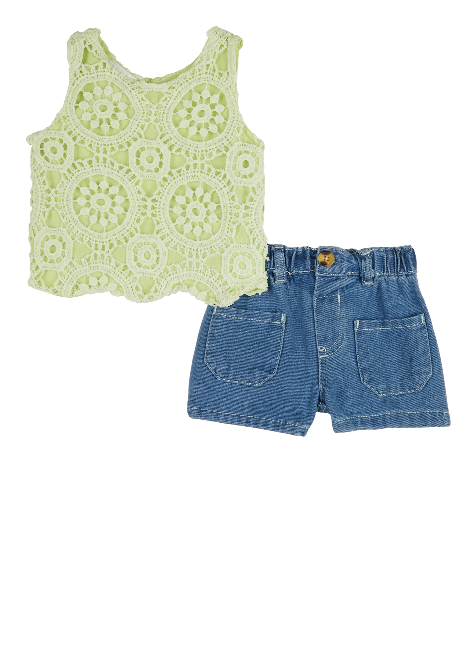 Baby Girls 12-24M Crochet Tank Top and Medium Wash Denim Shorts, Green,