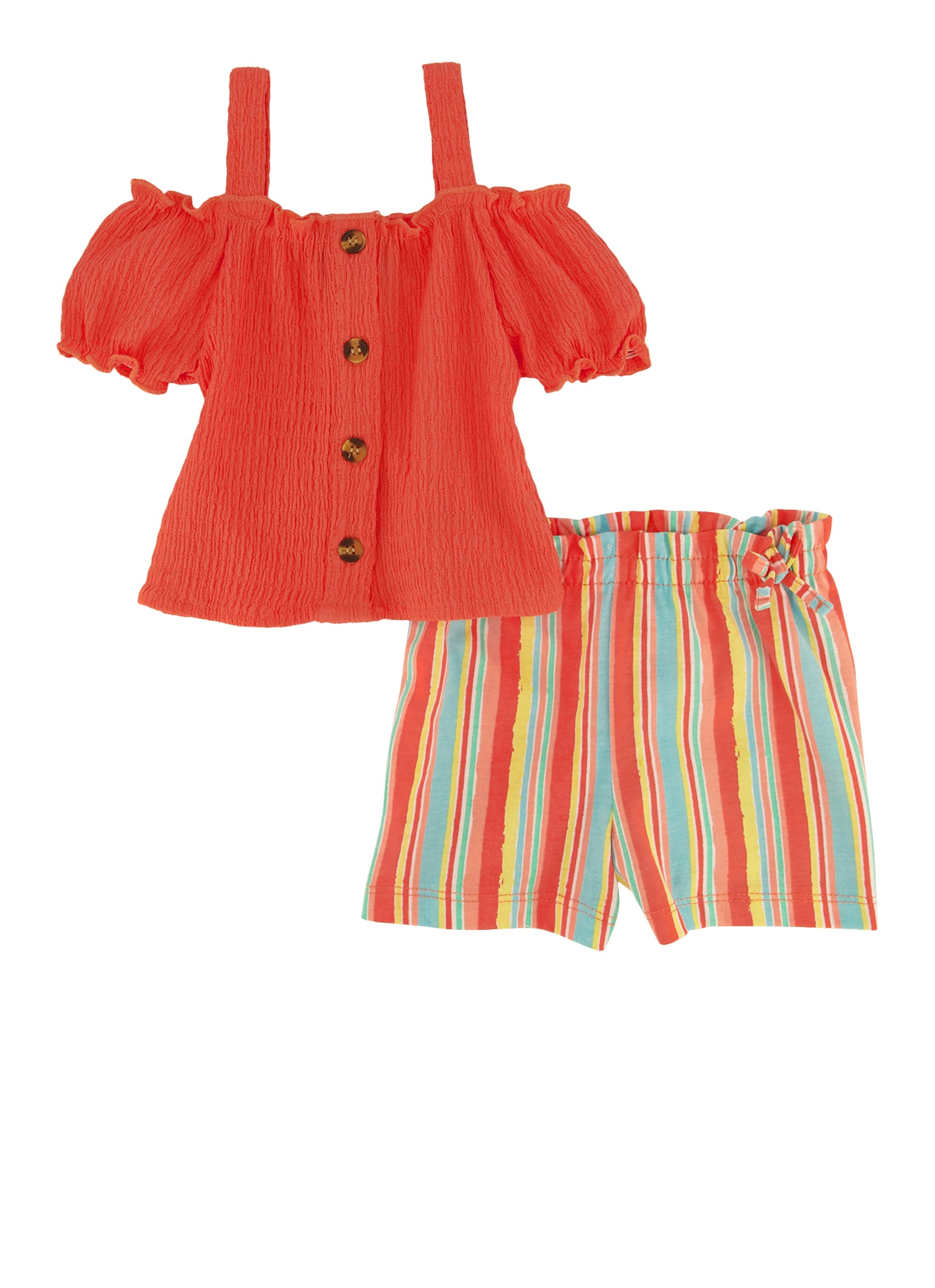 Baby Girls 12-24M Button Front Cold Shoulder Top and Striped Shorts, Orange, Size 18M