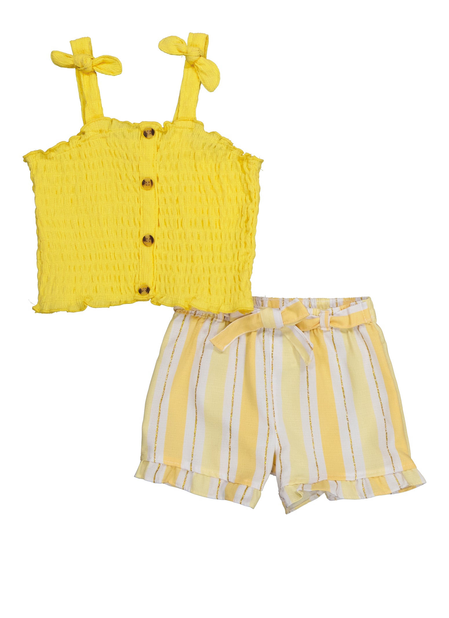 Baby Girls 12-24M Smocked Faux Button Cami and Striped Shorts, Yellow,