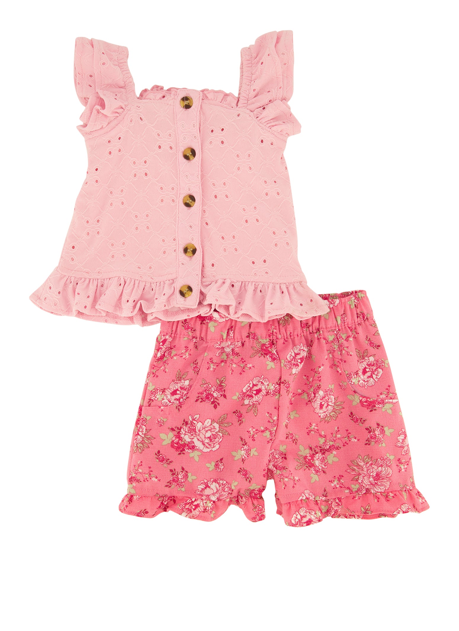 Baby Girls 12-24M Eyelet Sleeveless Button Front Top and Floral Shorts, Pink,