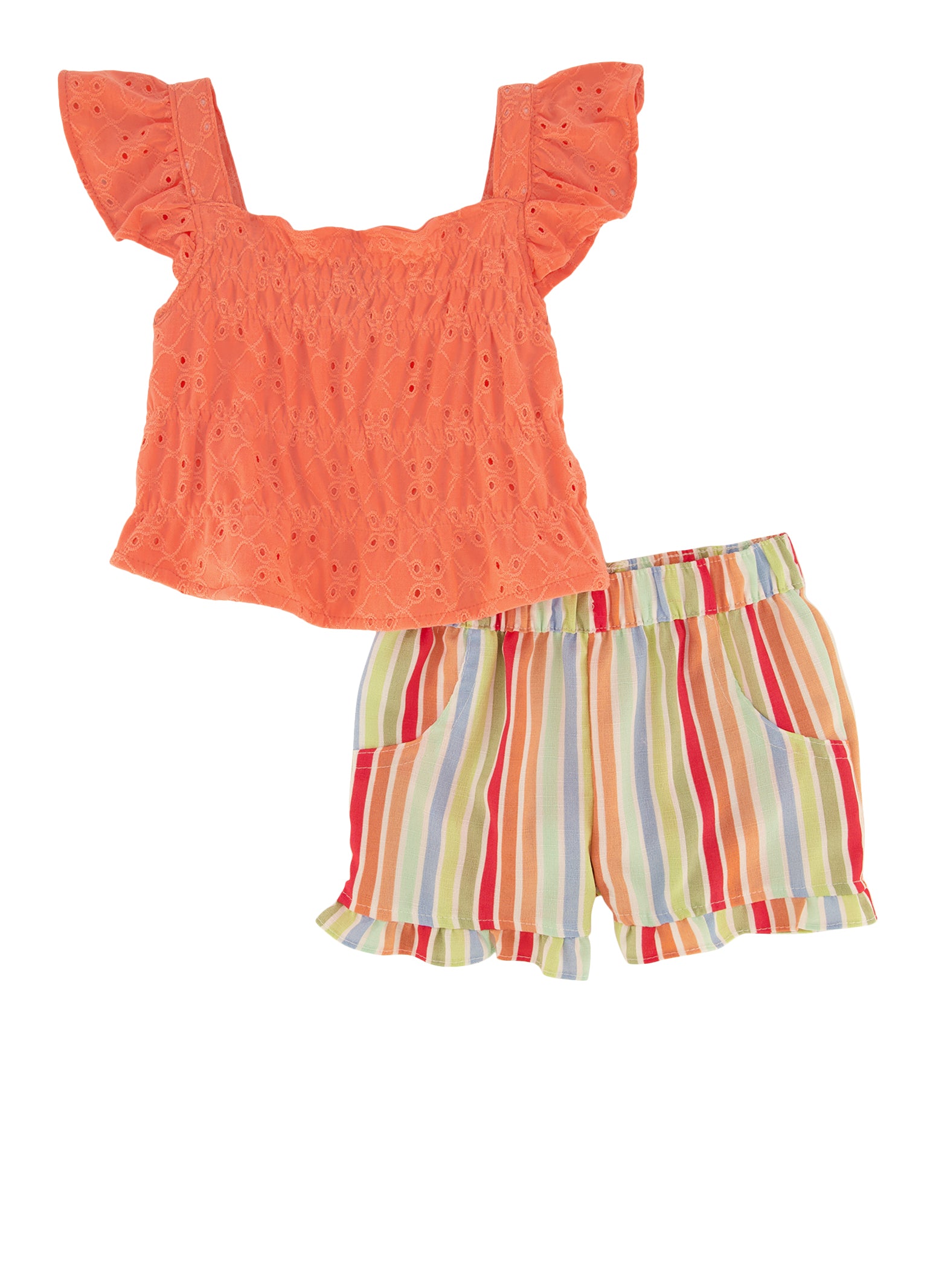 Baby Girls 12-24M Eyelet Sleeveless Top and Striped Shorts, Orange, Size 12M