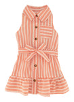 Toddler Sleeveless Tie Waist Waistline Striped Print Button Front Belted Collared Shirt Midi Dress With Ruffles