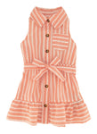 Toddler Tie Waist Waistline Collared Belted Button Front Sleeveless Striped Print Shirt Midi Dress With Ruffles