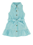 Toddler Tie Waist Waistline Sleeveless Belted Button Front Collared Striped Print Shirt Midi Dress With Ruffles