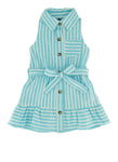 Toddler Tie Waist Waistline Collared Sleeveless Striped Print Button Front Belted Shirt Midi Dress With Ruffles