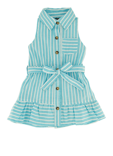 Toddler Button Front Belted Collared Tie Waist Waistline Sleeveless Striped Print Shirt Midi Dress With Ruffles