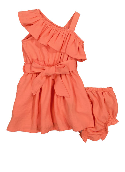 Toddler Fit-and-Flare Tie Waist Waistline Bubble Dress Belted Fitted One Shoulder Sleeveless Skater Dress/Midi Dress With Ruffles