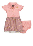 Toddler Bubble Dress Tulle Polka Dots Print Cap Flutter Sleeves Collared Shirt Midi Dress