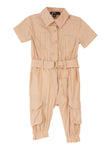 Toddler Collared Nylon Tie Waist Waistline Short Sleeves Sleeves Pocketed Belted Jumpsuit