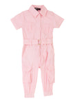 Toddler Nylon Collared Tie Waist Waistline Pocketed Belted Short Sleeves Sleeves Jumpsuit