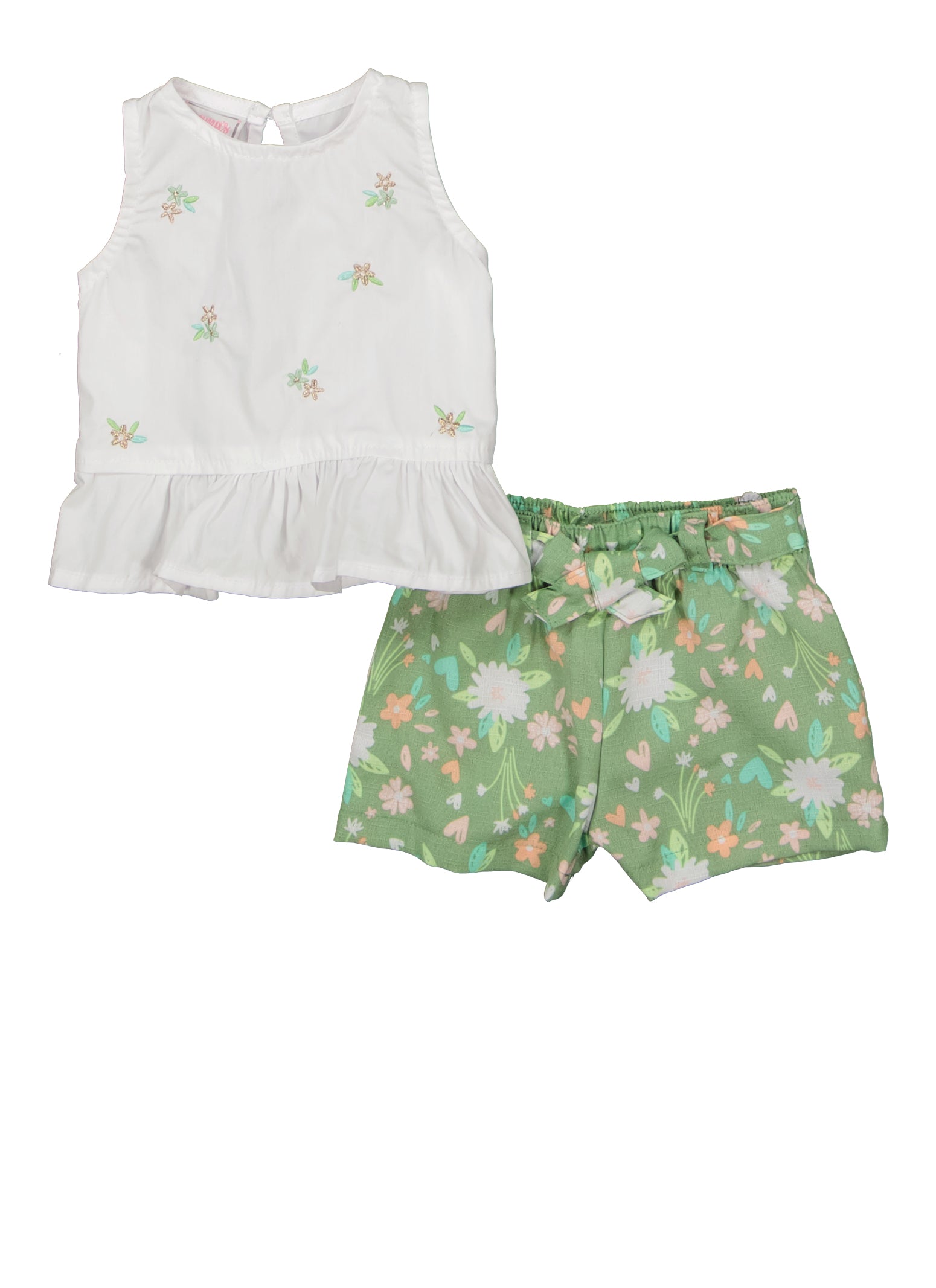 Baby Girls 0-9M Floral Embroidered Top and Shorts Set, Green, Size 0-3M