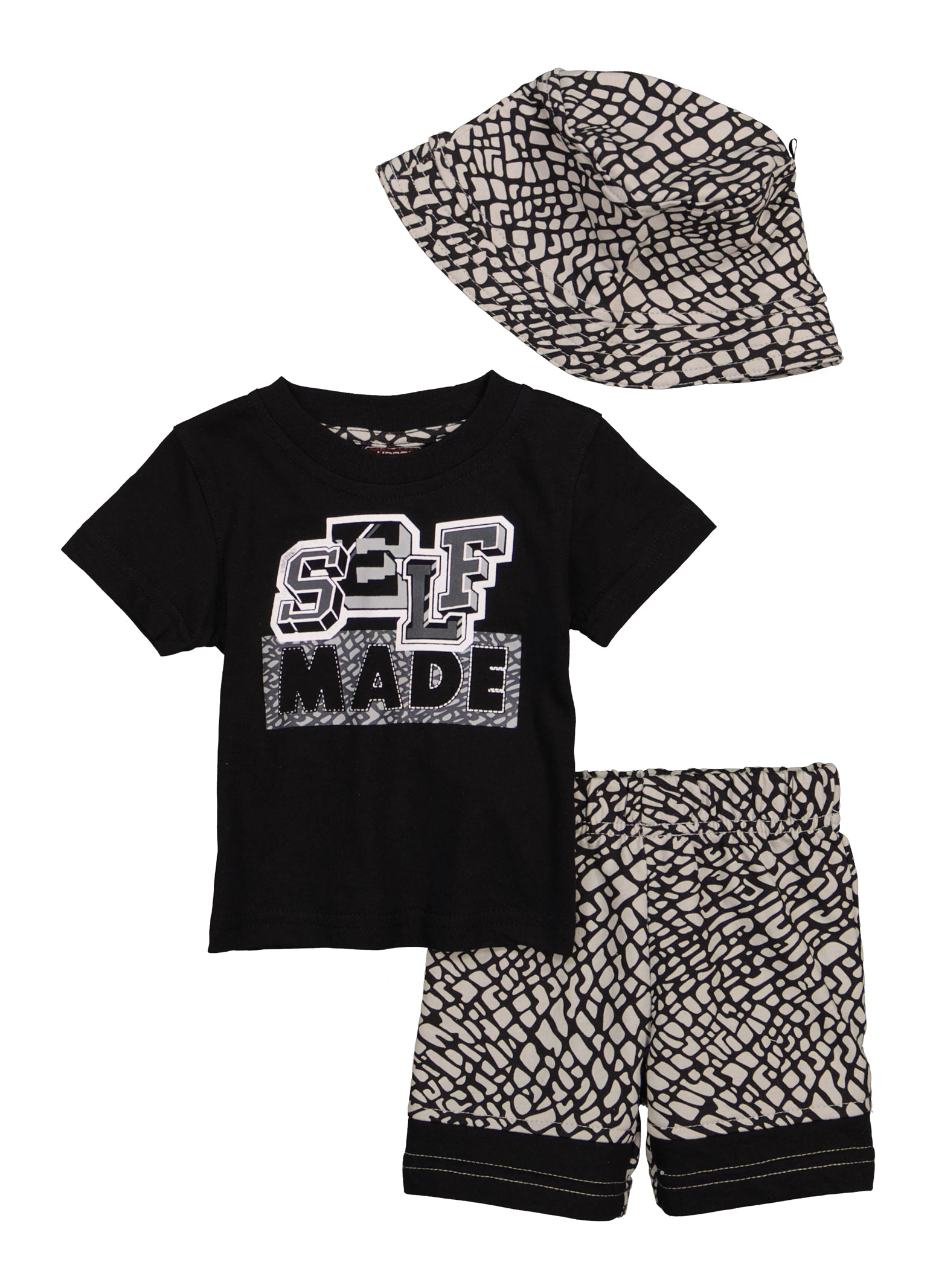 Baby Boys 0-9M Self Made Graphic Tee and Shorts with Hat, Black, Size 3-6M