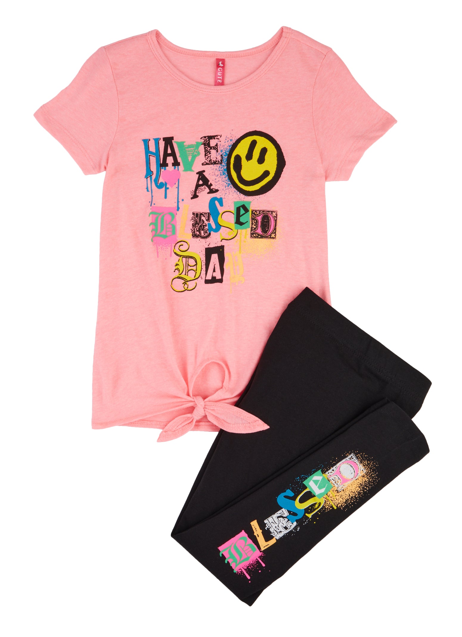 Little Girls Tie Front Have a Blessed Day Graphic Tee and Leggings, 4