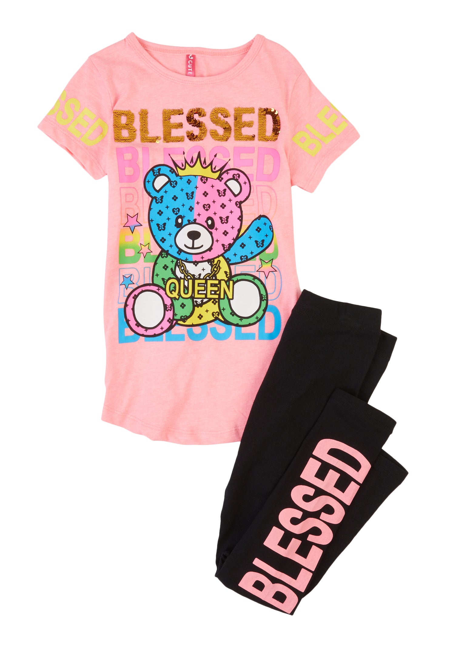 Little Girls Blessed Reversible Sequin Graphic Tee and Leggings, Pink, Size 5-6