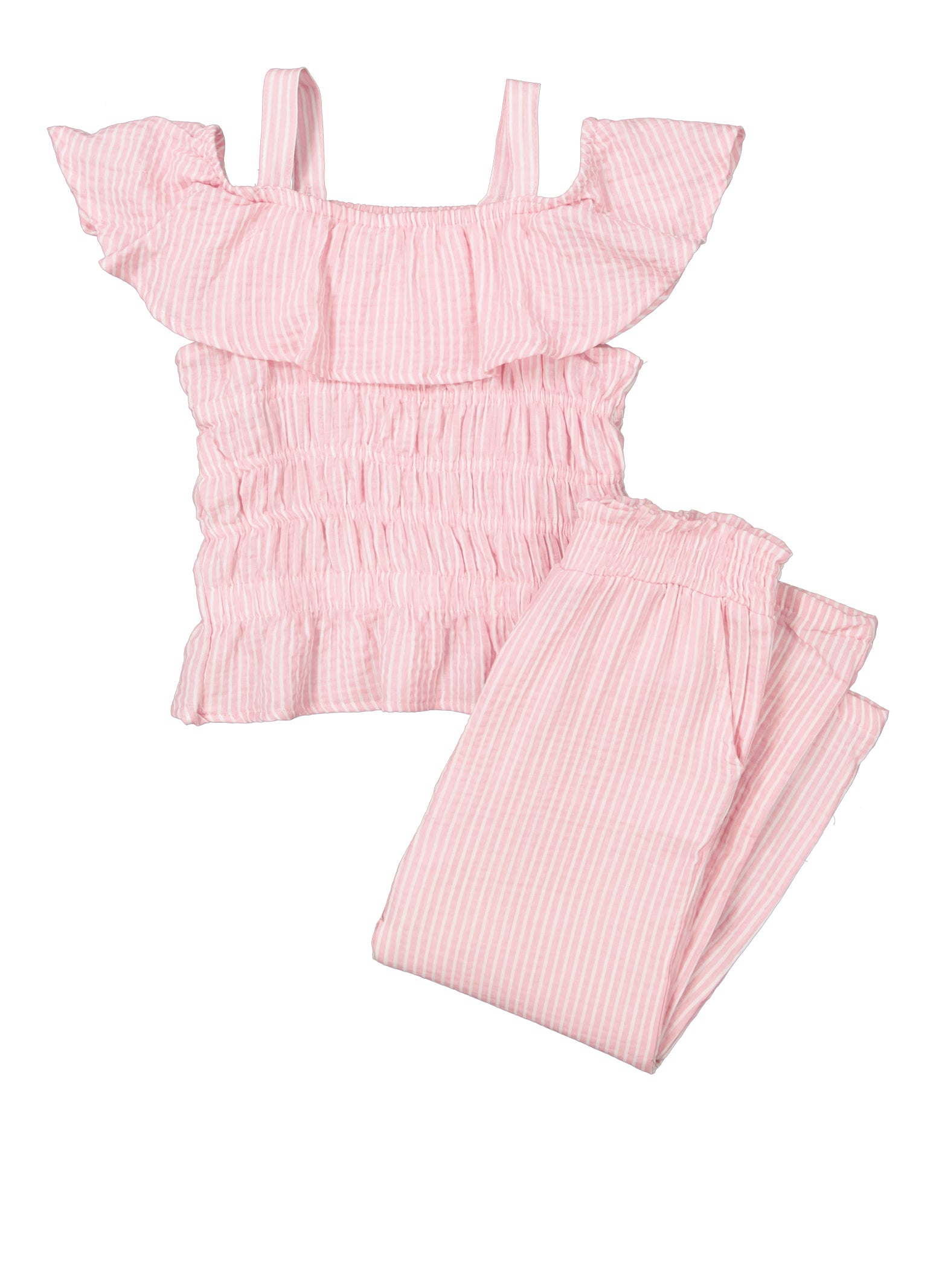 Girls Striped Cold Shoulder Smocked Top and Pants, Pink, Size 7-8