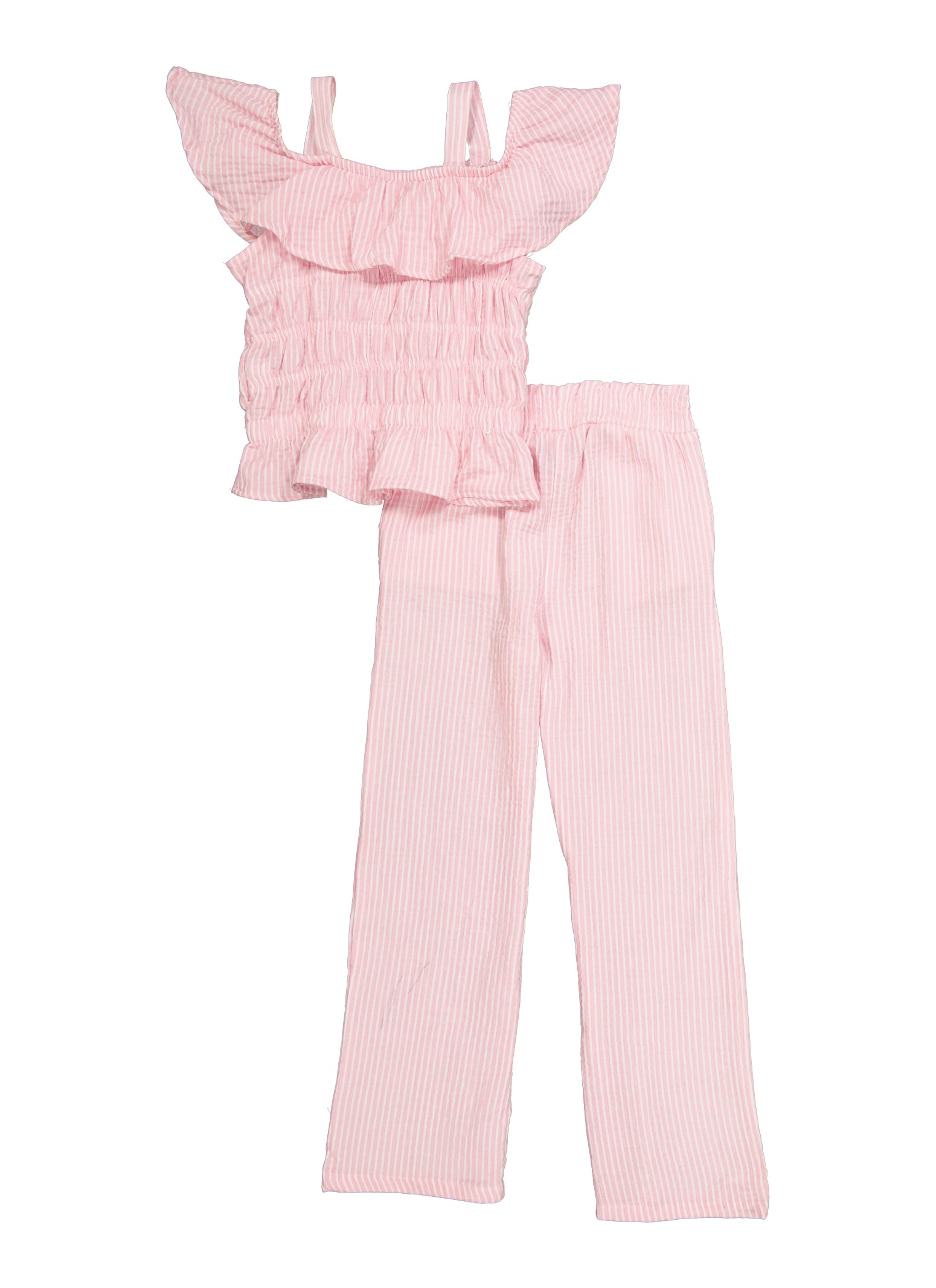 Girls Striped Cold Shoulder Smocked Top and Pants, Pink,