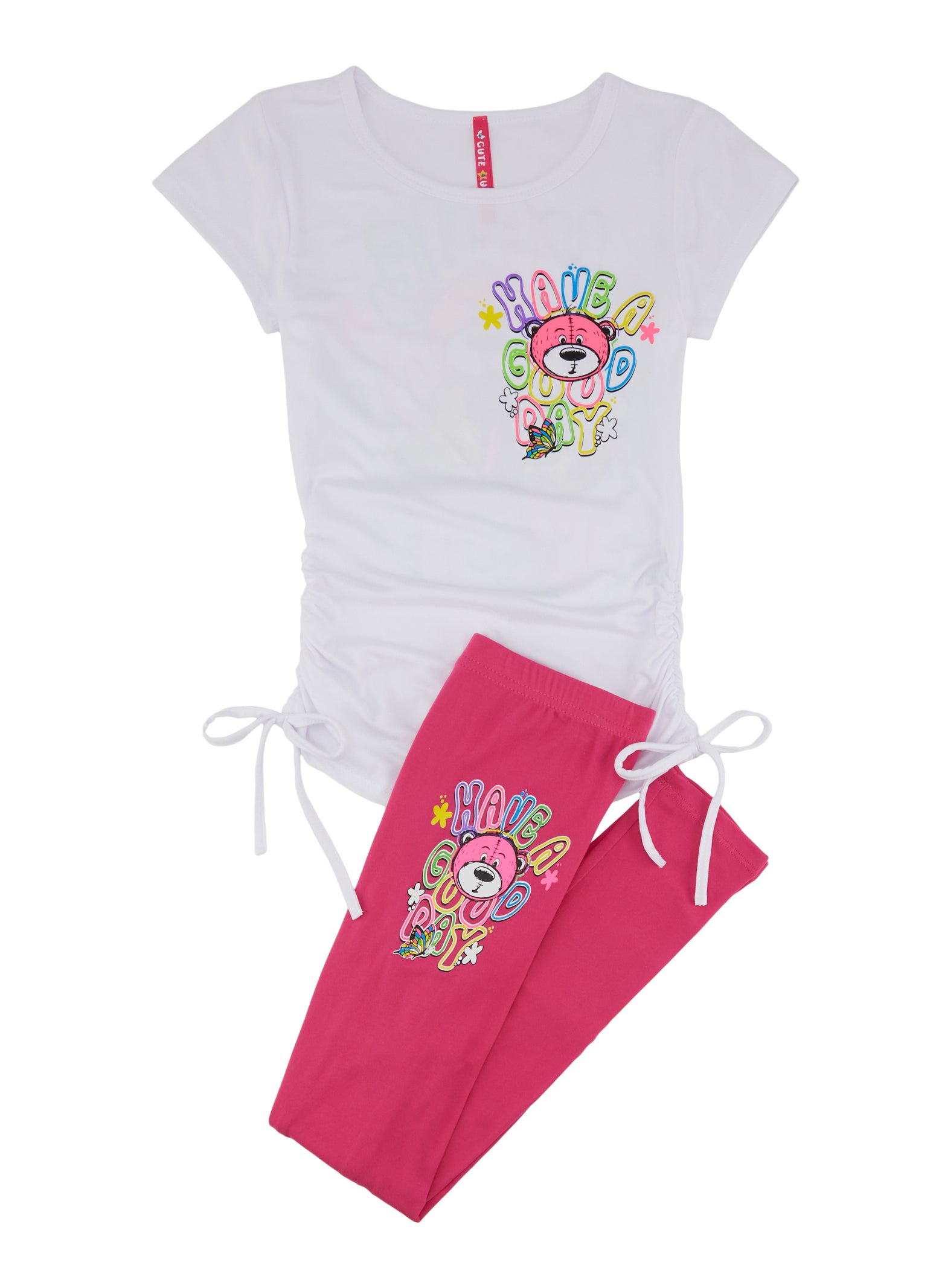 Girls Have a Good Day Ruched Graphic Tee and Leggings, White, Size 10-12