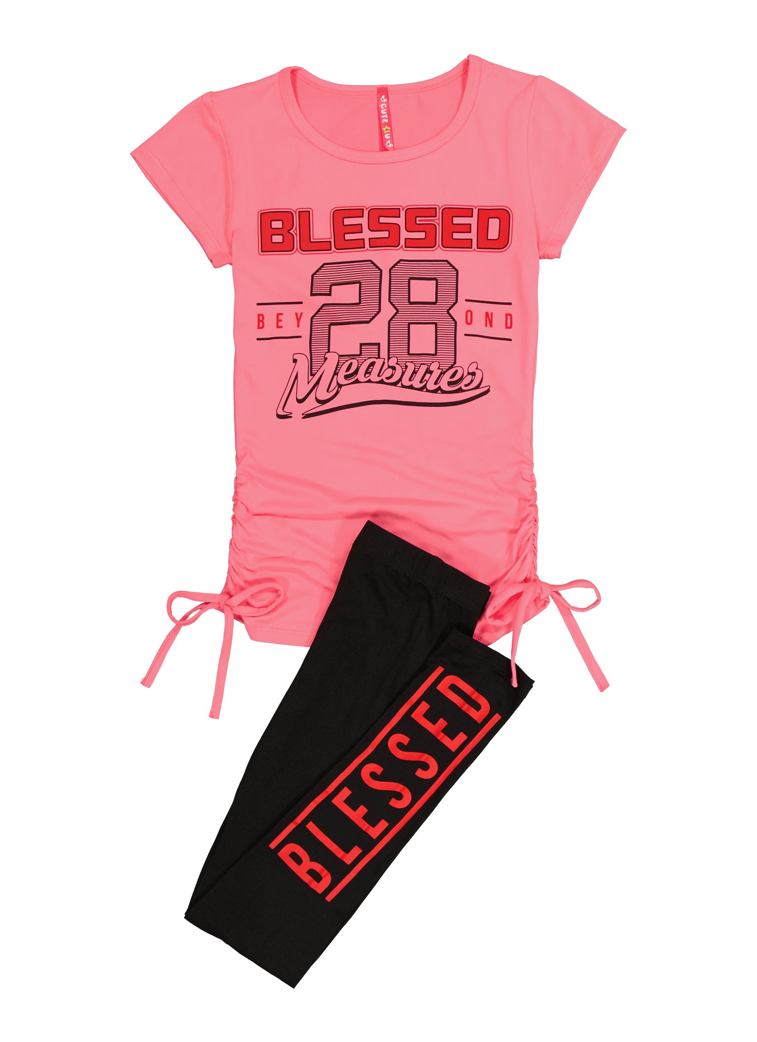 Rainbow Shops Girls Blessed 28 Ruched Tee and Leggings, Pink, Size 14-16