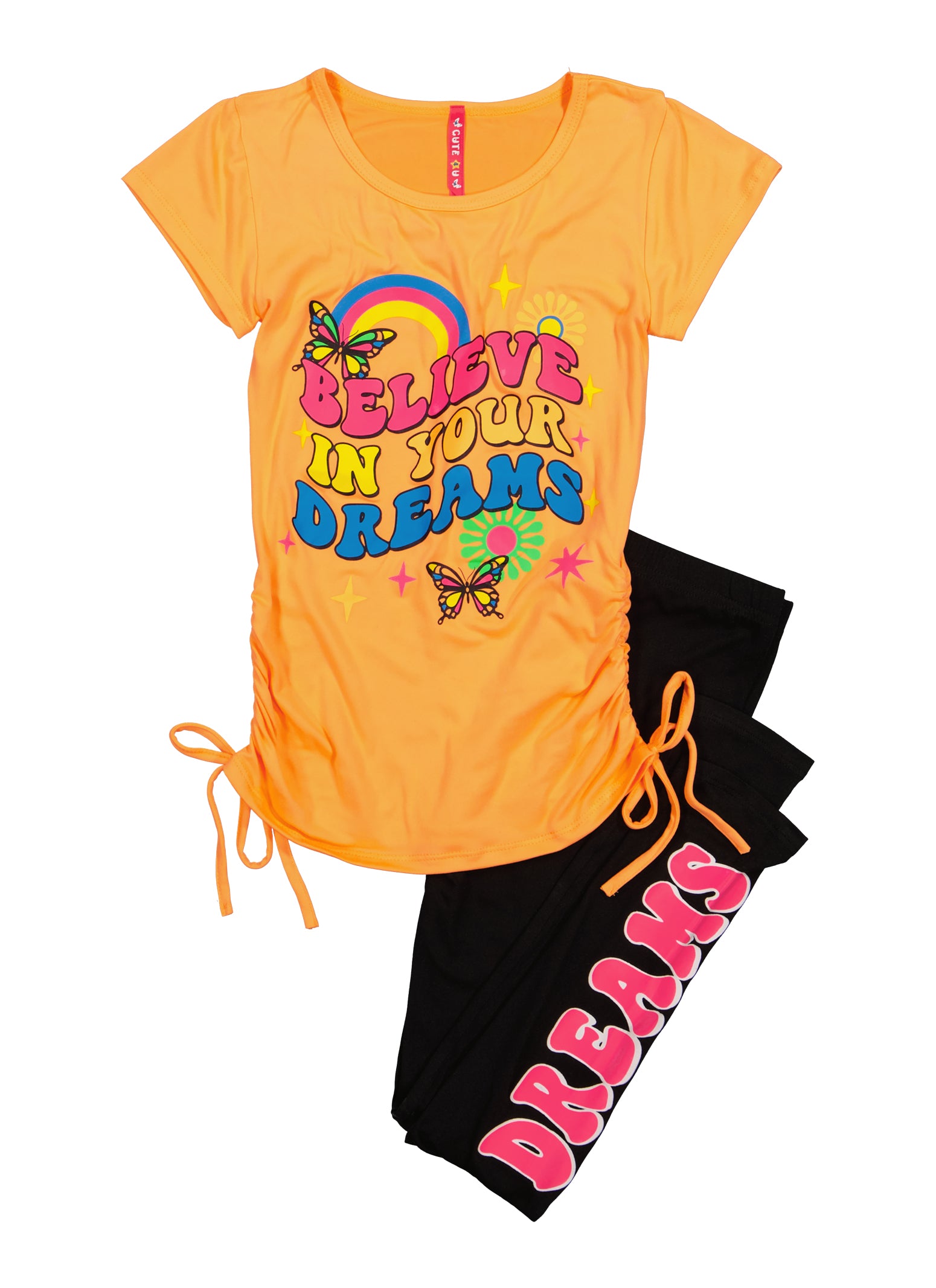 Girls Ruched Believe In Your Dreams Graphic Tee and Leggings, Orange, Size 14-16