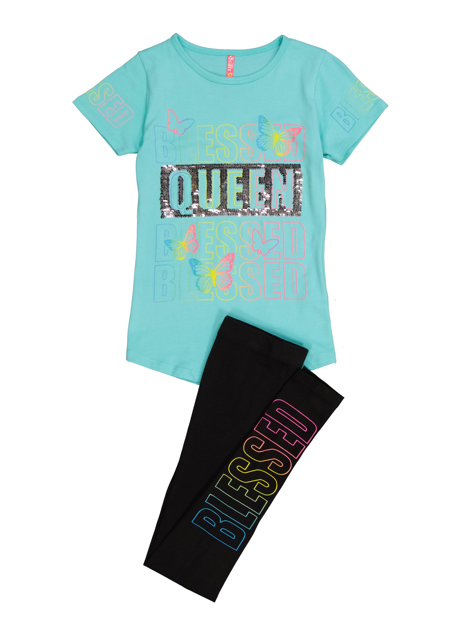 Girls Blessed Queen Reversible Sequin Graphic Tee and Leggings,