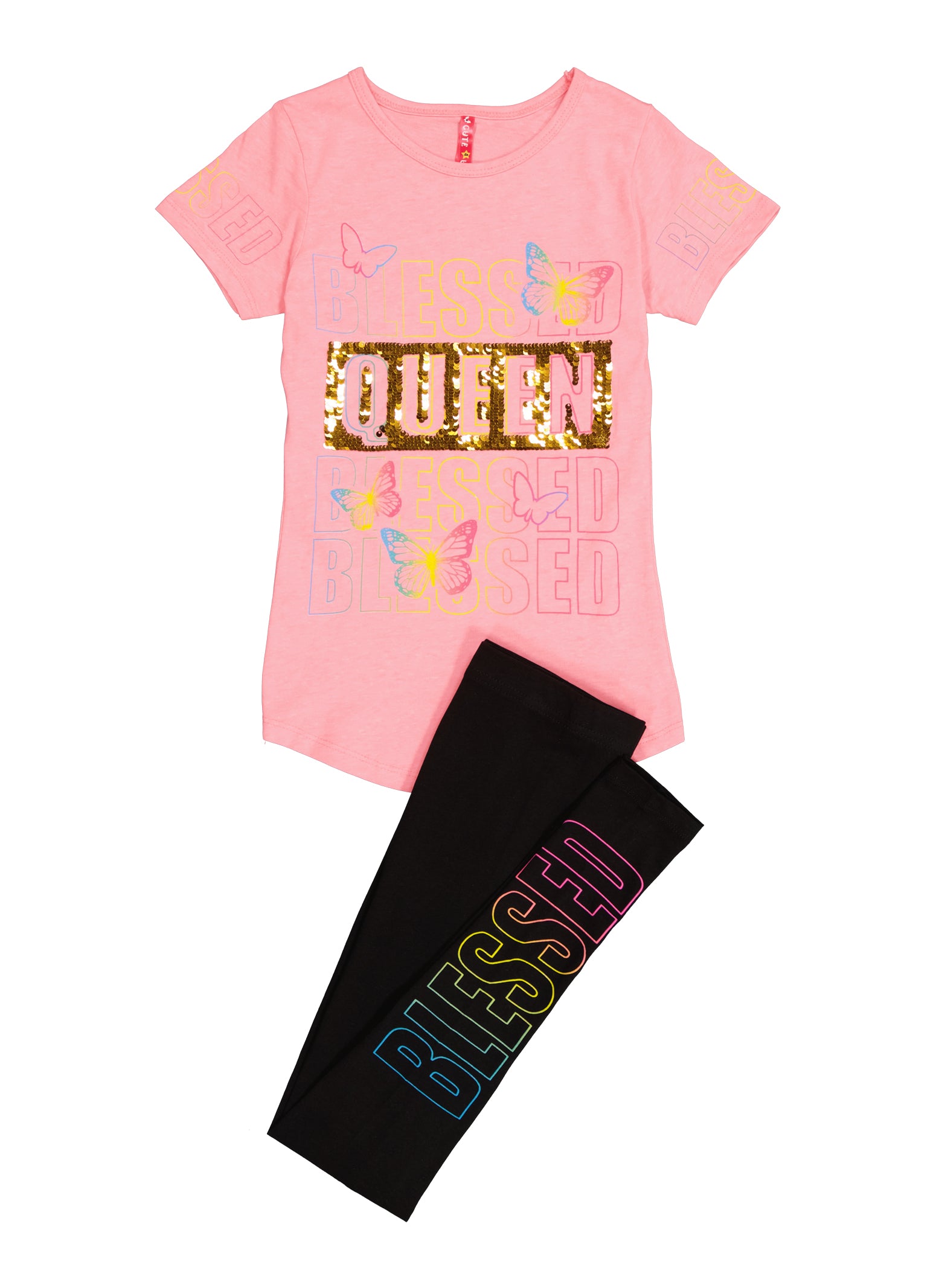 Rainbow Shops Girls Reversible Good Vibes Only Graphic Tee and Leggings,  Yellow, Size 14-16