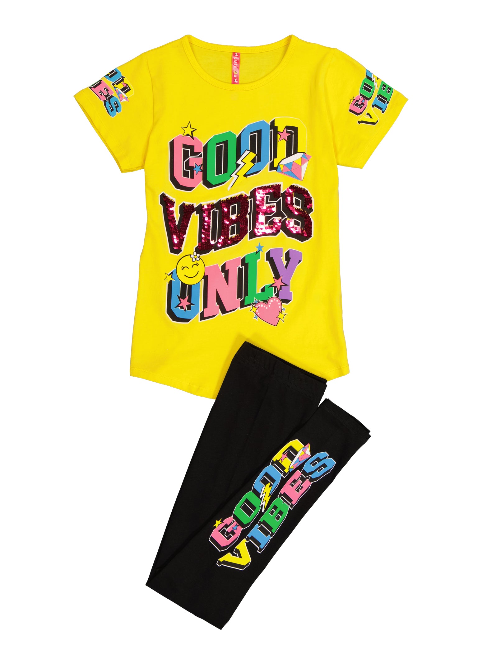 Rainbow Shops Girls Reversible Good Vibes Only Graphic Tee and Leggings,  Yellow, Size 14-16