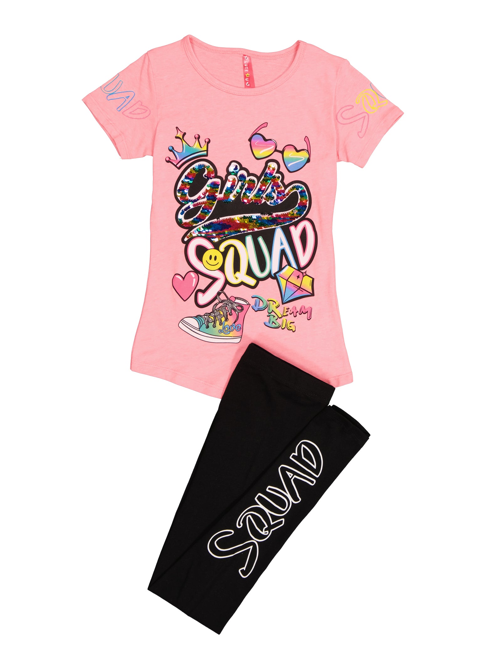 Girls Reversible Sequin Girls Squad Graphic Tee and Leggings, Pink, Size 14-16