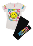 Girls Positive Vibes Only Smiley Reversible Sequin Tee And Leggings Set, ,