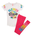 Girls Checkered Blessed Queen Reversible Sequin Graphic Tee And Leggings, ,