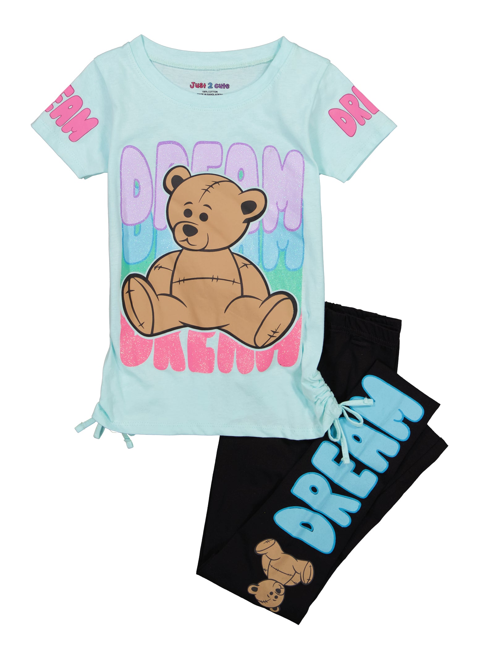 Girls Dream Bear Ruched Graphic Tee and Leggings, Blue, Size 7-8