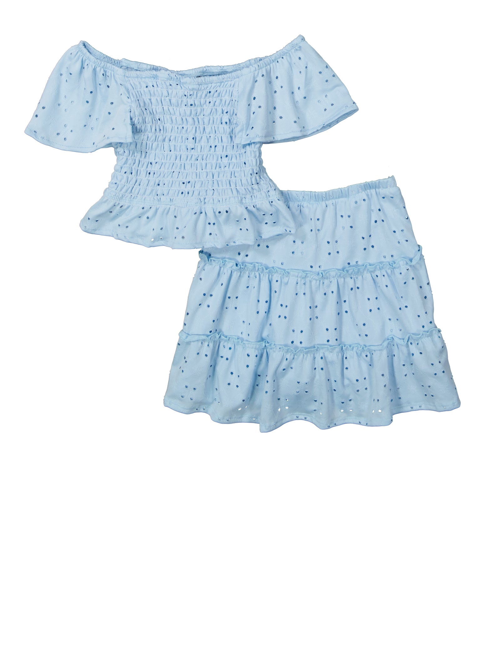 Little Girls Eyelet Smocked Top and Tiered Skirt, Blue, Size 5-6