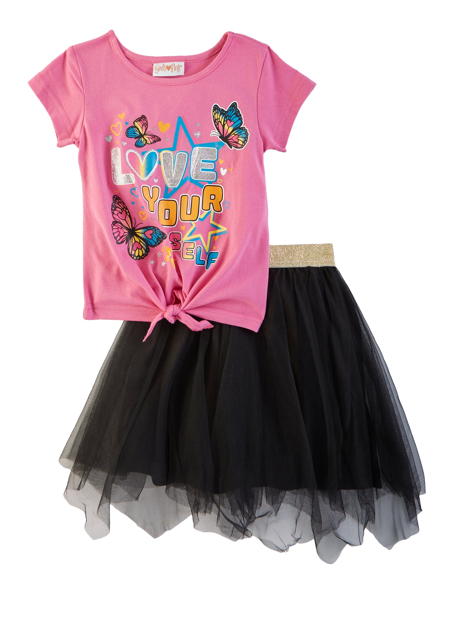 Little Girls Love Your Self Graphic Tee and Tutu Skirt, Pink,