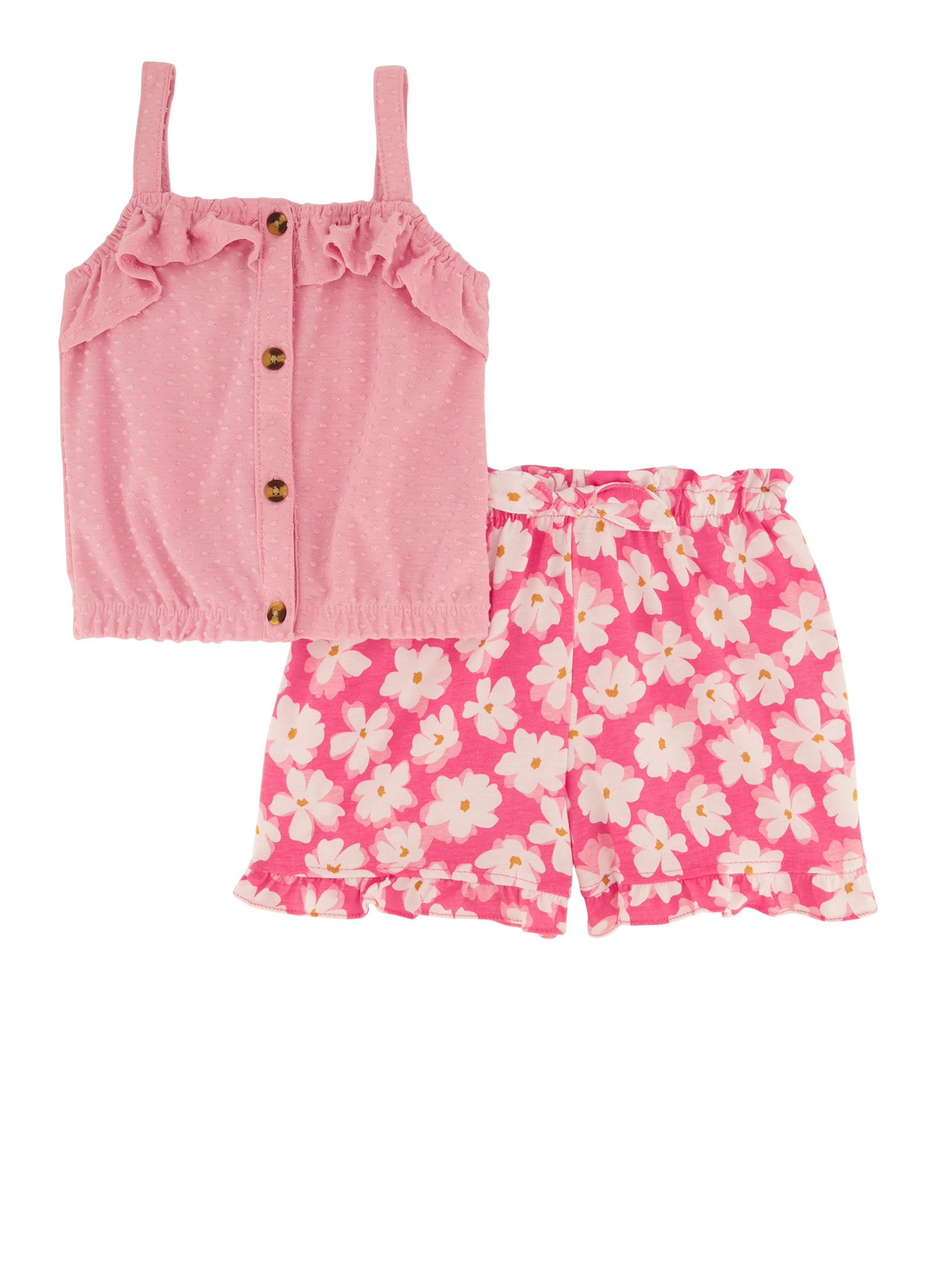 Little Girls Faux Button Front Cami and Floral Print Shorts, Pink, Size 4