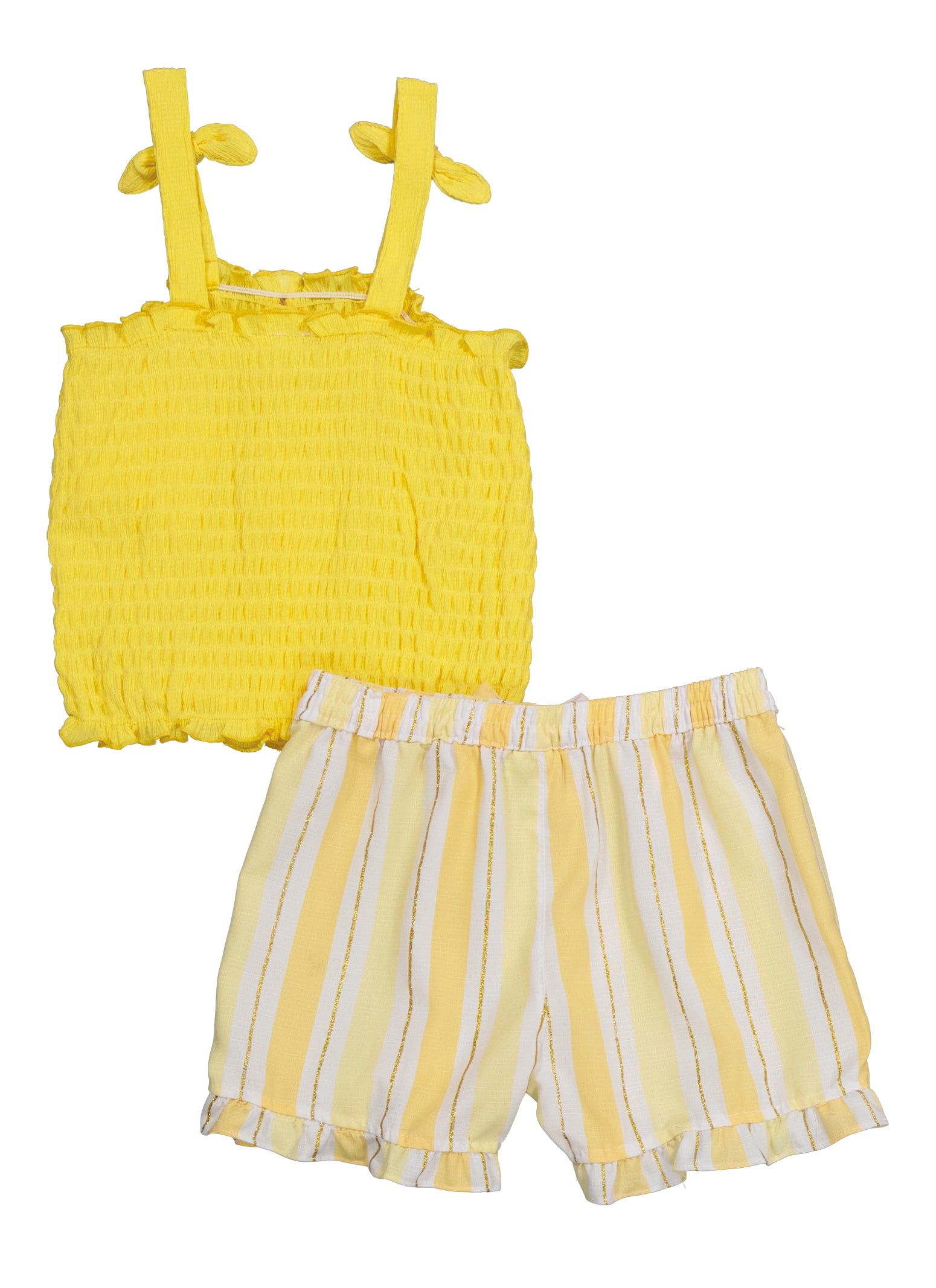 Little Girls Smocked Faux Button Tank Top and Shorts, Yellow, Size 6X