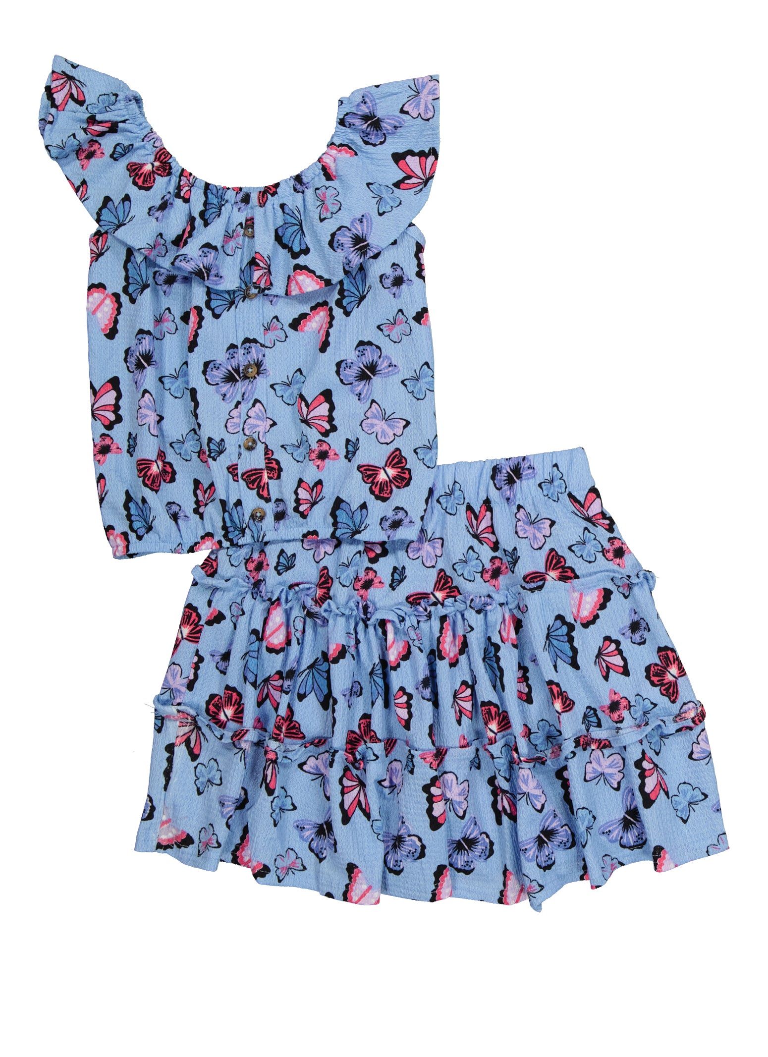 Girls Butterfly Print Ruffled Top and Tiered Skirt, Blue, Size 10-12