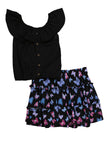 Girls Textured Knit Blouse And Butterfly Tiered Skirt, ,