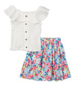 Girls Faux Button Front Top And Floral Tiered Skirt, ,