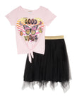 Girls Checkered Good Vibes Graphic Tee And Tutu Skirt, ,