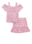 Girls Plisse Floral Print Cold Shoulder Top And Skirt, ,