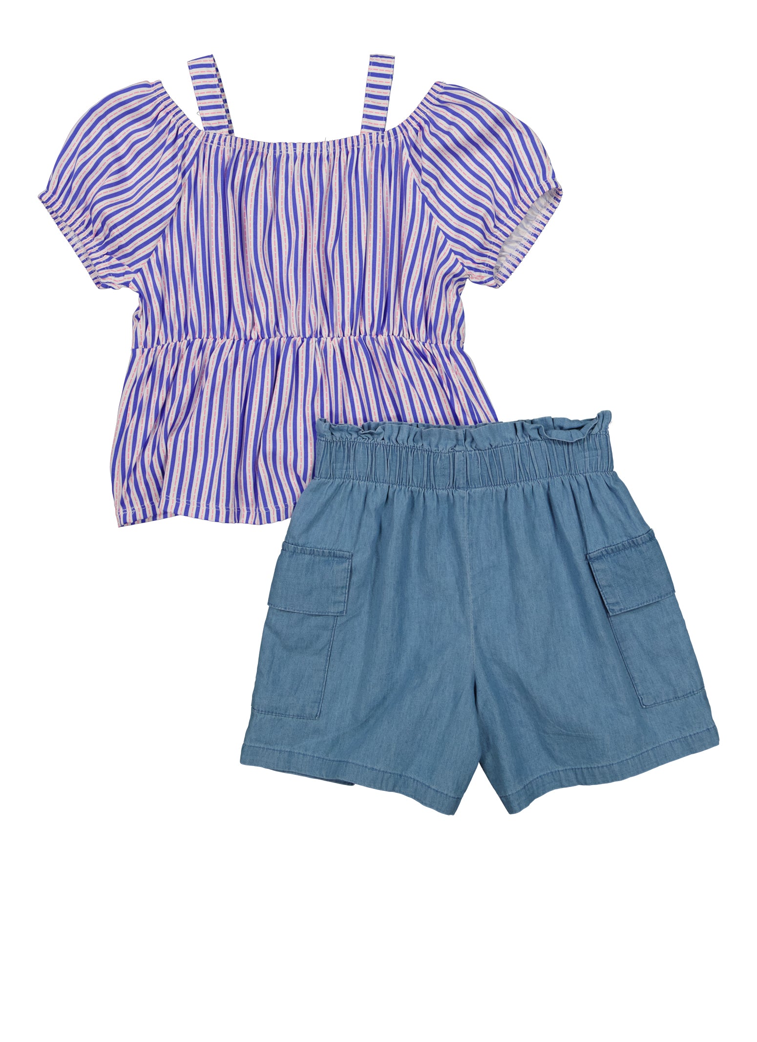 Girls Striped Cold Shoulder Peasant Top and Denim Shorts, Blue, Size 10-12