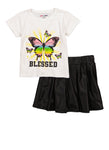 Girls Blessed Graphic Tee And Faux Leather Pleated Skirt, ,