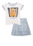 Girls Blessed Everyday Bear Graphic Tee And Pleated Skirt, ,