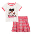 Girls Queen Glitter Graphic Tee And Plaid Skirt, ,